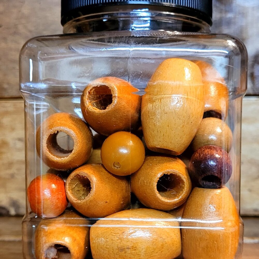 Jug of Multi-Colored Small, Med. Large Wooden Beads & Small Colored Clothespins